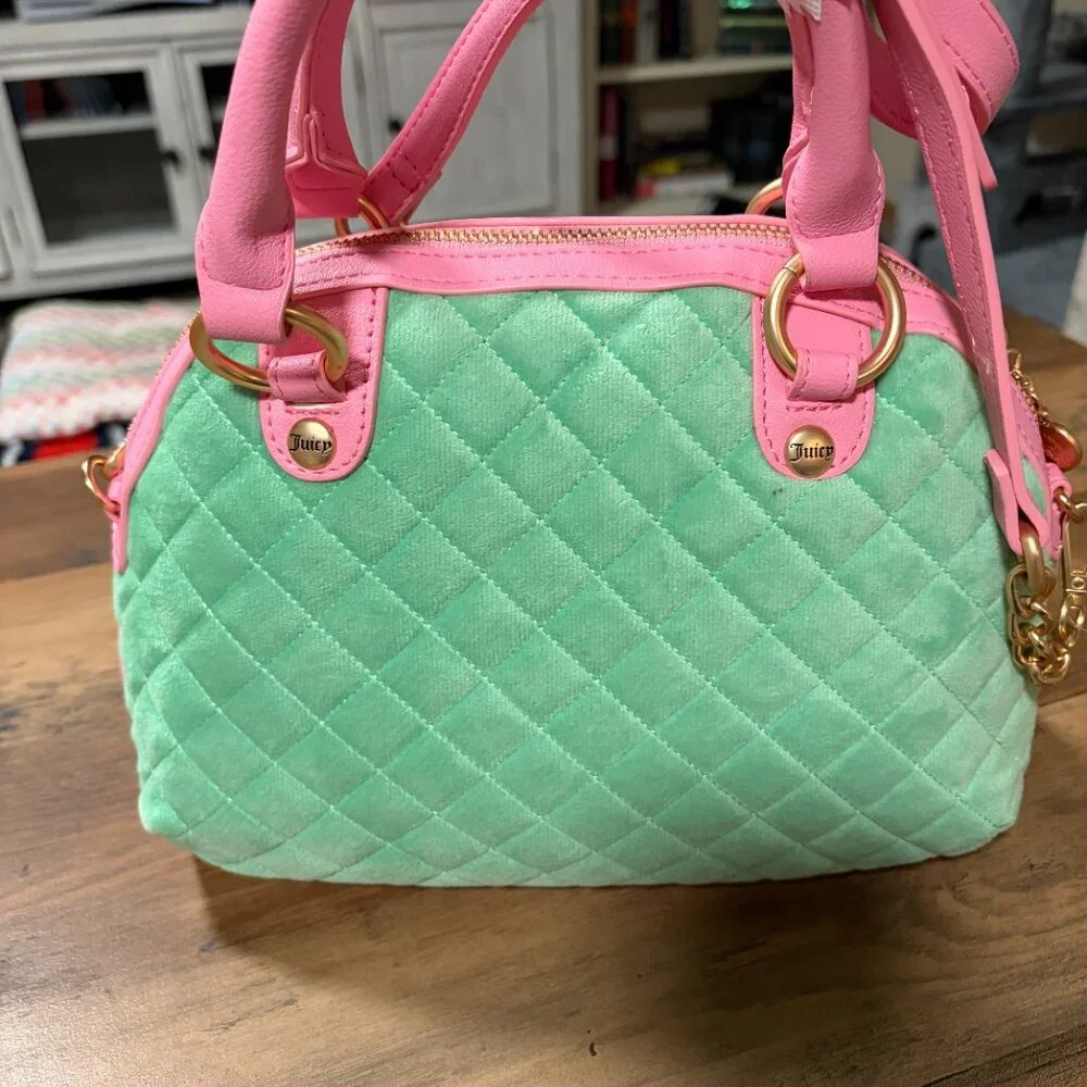 Juicy Couture Mint & Pink Quilted Satchel Bag with Heart Charm NWT
